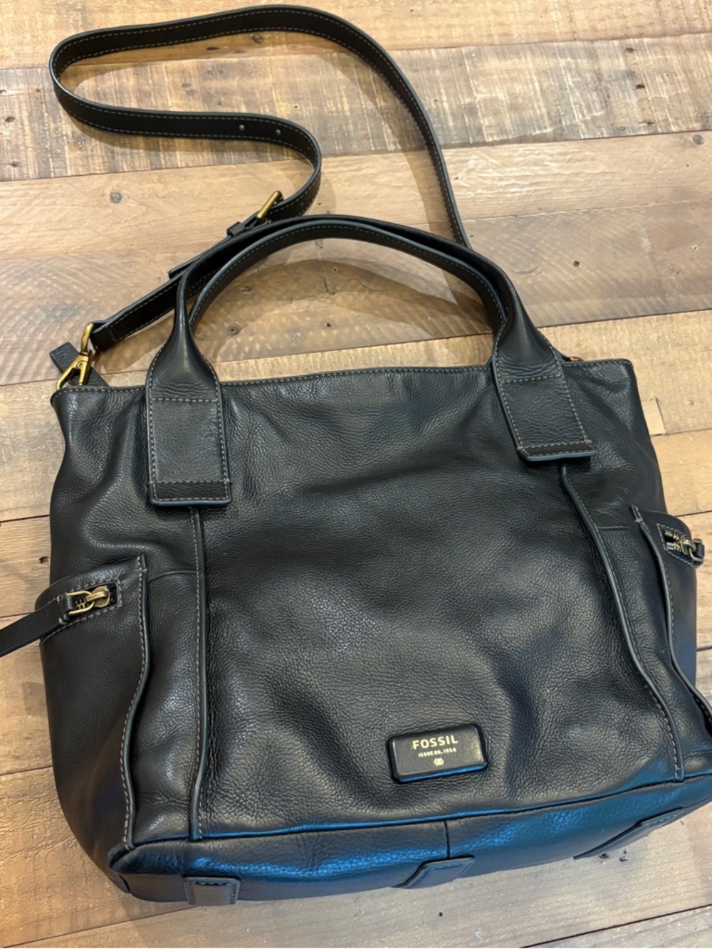 Fossil Emerson Satchel Black Crossbody Bag Purse Leather